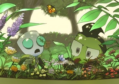an image of some plants and flowers in the grass with a butterfly flying over them Invader Zim Halloween Gir Laptop, Invader Zim Gir Laptop, Gir Invader Zim Pc, Earth Invader Zim, olive drab
