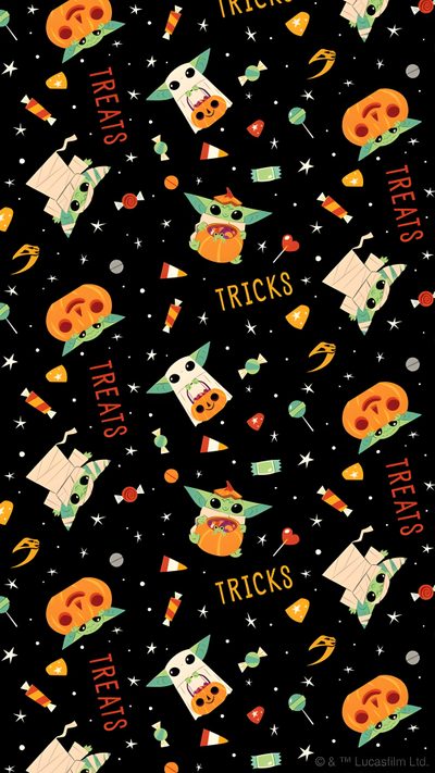halloween themed wallpaper with pumpkins, witches and other items on black background that says trick's Star Wars Halloween Star Wars Fall, Halloween Baby Yoda, Baby Yoda Halloween, Halloween Oogie Boogie, black