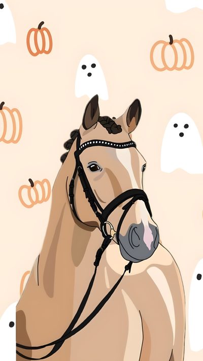 a brown horse wearing a bridle with pumpkins on the wall behind it Cute Halloween Horse Bday Cards, Iphone Classy, Halloween, Toy Horse, Hobby Horse, Horse Art, antique white