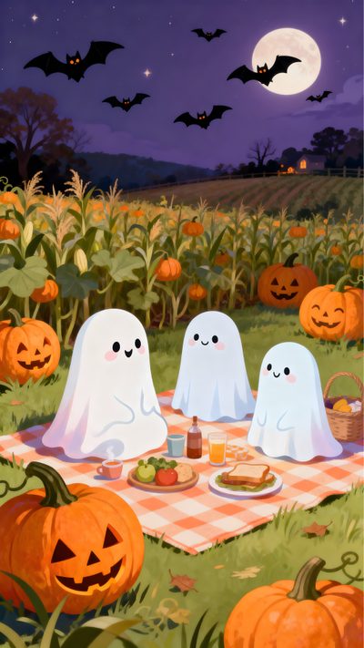three ghost sitting at a picnic table with pumpkins in the background Halloween Farm Haunted House, Pretty, Cute Animals, Halloween, Animals, sienna