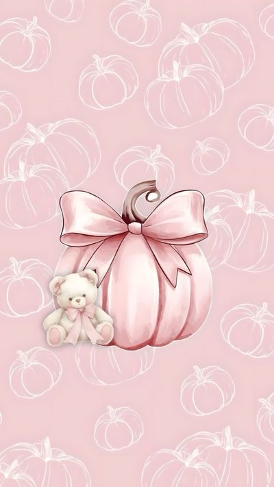 a teddy bear sitting next to a pink pumpkin on a pink background with smaller pumpkins Pink Bow Halloween Pink Fall Aesthetic Iphone, Pink Thanksgiving Iphone, November Pink,