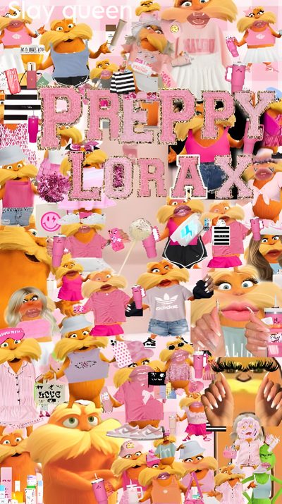 a collage of pink and yellow items with the words pretty girl next to it Preppy Lorax Halloween Preppy Lorax Pfp, Preppy Lorax Collage, Preppy Preppy Lorax, burlywood