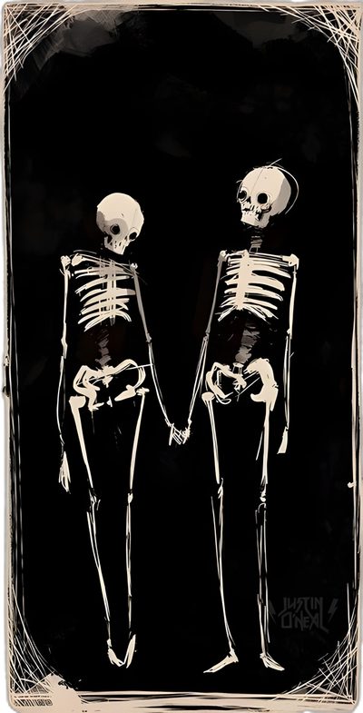 two skeletons standing next to each other in front of a black background with white writing on it Halloween Love Dark Art Background, Edgy Art, Goth Skeleton, Skeletons Looking At Each Other, tan