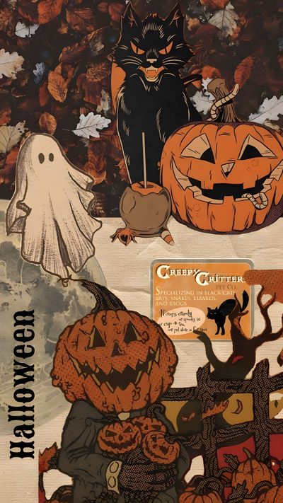 an image of halloween scene with cats and pumpkins Aesthetic Retro Vintage Halloween Iphone Halloweencore, Halloween Iphone Vintage, Halloween Cat Background Aesthetic, saddle brown