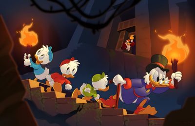 several cartoon characters are walking up some stairs in front of an open fire place at night Ducktales Ghosts Of Halloween Duck Tales Background, Ducktales Halloween, Donald Duck Nephews Halloween, dark slate gray