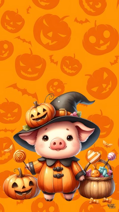a pig in a witches hat and pumpkins on an orange background with jack - o'- lanterns Halloween Pig Halloween Pigs, Cute Halloween Phone, Fall Animal, Halloween Pug Background, dark orange