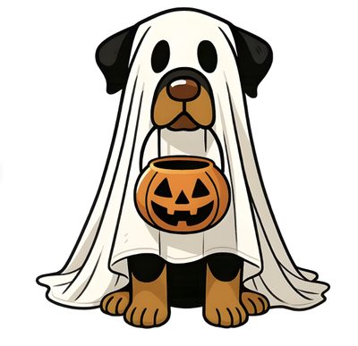 a dog wearing a ghost costume with a pumpkin in its mouth Halloween Rottweiler Cute Halloween Dog Drawing, Cute Halloween Dog Cartoon, Cartoon Dog In Halloween Costume, white