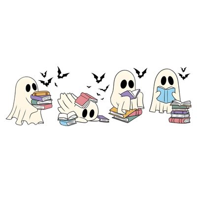 three ghost reading books with bats flying around them and one is holding a book in his hand Halloween Reading Bookworm, Halloween Cover Photos, Halloween Reading, Reading Club, Book, white
