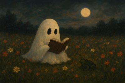 a painting of a ghost reading a book in the middle of a field with flowers Halloween Laptop Ghost Ghost Aesthetic Laptop, Ghost Cartoon, Ghost Ipad, Ghost Computer, Laptop Ghost, black