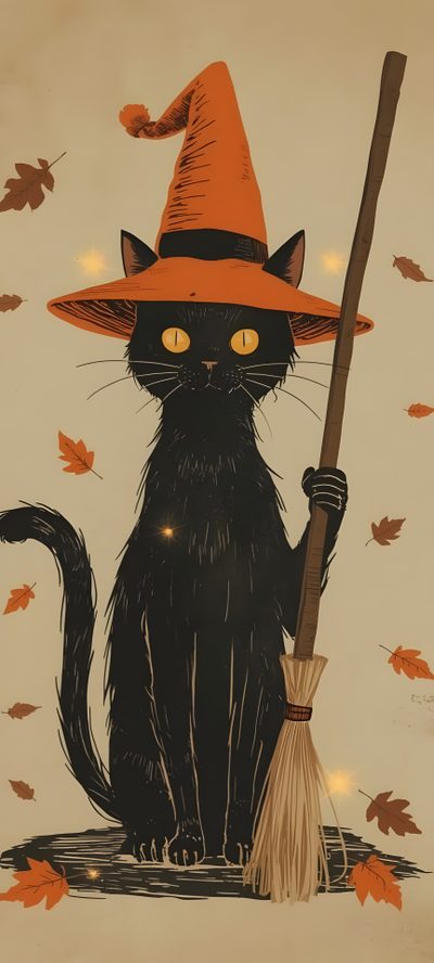 a black cat wearing a witches hat and holding a broom with autumn leaves around it Halloween Witch Cat Cute Halloween Animals Drawing, Halloween Cats, Cat With Witch Hat, dark khaki