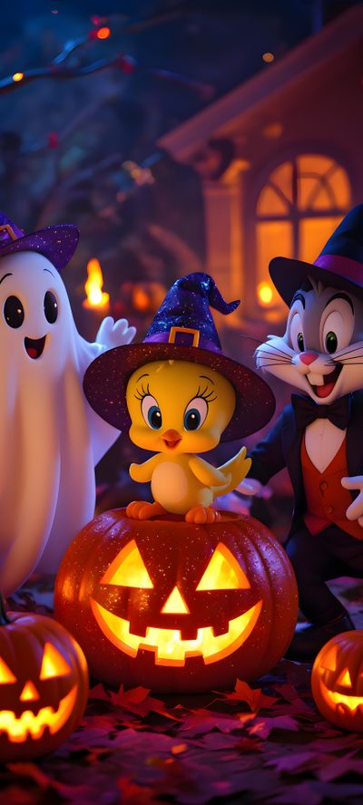 three cartoon characters dressed up in halloween costumes with pumpkins and jack - o'- lanterns Tweety Bird Halloween Tom And Jerry Halloween, Halloween Cartoon Iphone, Tweety Bird Halloween, dark slate gray
