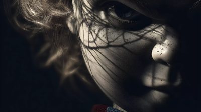 a woman with her face painted like a skeleton and the shadow of a human head Halloween Chucky Horror Movie Posters, Chucky Laptop, Red Hair, Chucky Zoom Background, Fond D Ecran, black