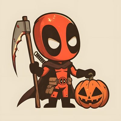 a deadpool character holding a jack - o'- lantern and a scythe Deadpool Halloween Deadpool Pumpkin Paint, Deadpool Pumpkin Ideas, Deadpool Logo Pumpkin, bisque