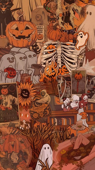 a collage of pumpkins, skeletons and other halloween related items is featured in this image Pinterest Halloween Pinterest Halloween Thanksgiving, Cute Halloween Backgrounds Collage, Cute Halloween Collage, sienna