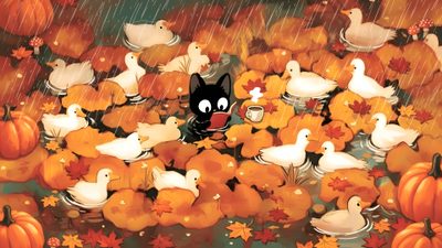 a black cat is surrounded by ducks and pumpkins in the rain with autumn leaves Lofi Halloween Desktop Halloween Cute Laptop, Cute Desktop, Halloween Animal Desktop Background, chocolate