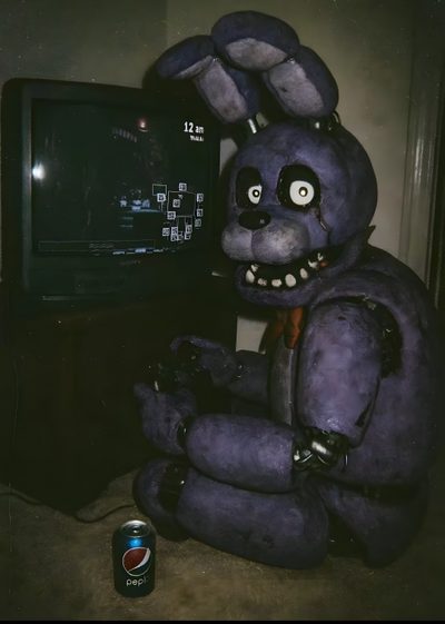 a purple stuffed animal sitting in front of a tv Halloween Fnaf Five Nights At Freddy's Scary, Fnaf Vintage Animatronics, Scary Five Nights At Freddy's, black