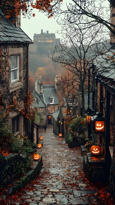 a cobblestone street with pumpkins lit up in the middle and buildings on both sides Spooky Halloween Street Halloween City, Halloween Street, Casas Victorianas, dark olive green