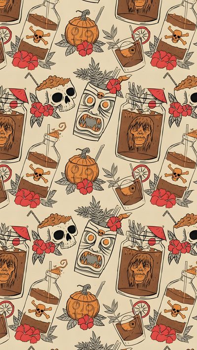 an image of halloween themed wallpaper with pumpkins, skulls and drinks on it Halloween Tropical Adult Halloween, Vintage Halloween Backgrounds Iphone, Beach Halloween, tan