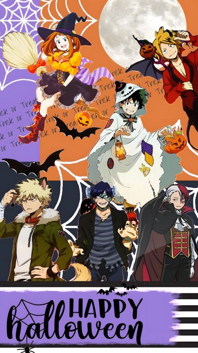 an image of halloween characters with the words happy halloween Mha Halloween Phone Mha Halloween, Bakugou Halloween, Ochako Halloween, My Hero Academia Halloween, sienna