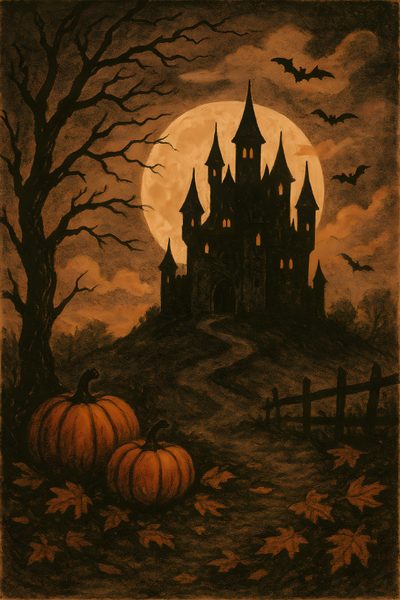 a painting of a castle with pumpkins in front of it Vintage Halloween- Bobcats Castle Haunted Castle Autumn, Halloween Haunted Castle Drawing, Haunted Castle Drawing, dark olive green