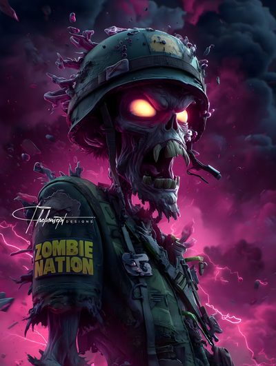 an image of a zombie soldier with glowing eyes and blood on his face, in front of a purple background Halloween Zombie Gunship Zombie Fighter, One Piece Logo, Cyborgs Art, Scary Ghost Pictures, dark slate gray