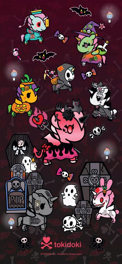 an image of some cartoon characters on a dark background Tokidoki Halloween Tokidoki Iphone, Tokidoki, Tokidoki Phone, Tokidoki Background, Tokidoki Unicorno, black
