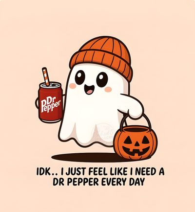 a cartoon ghost holding a can of dr pepper's drink and wearing a knitted hat Dr Pepper Halloween Dr Pepper Cartoon, Funny Halloween Drawings, Cute Dr Pepper, blanched almond