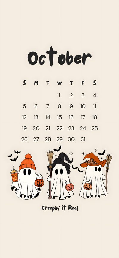 an october calendar with three cartoon characters holding pumpkins in their hands and the word october written on it October 2025 Calendar Halloween October 2025 Halloween, November Iphone 2025, Halloween Calendar, antique white