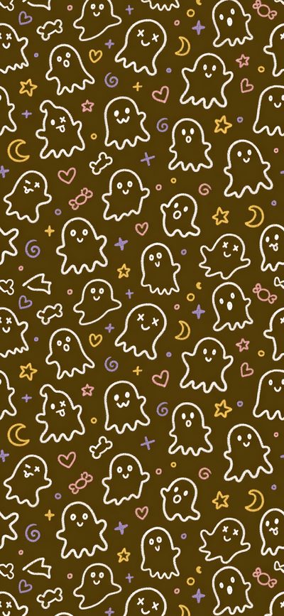 a brown background with white and pink ghostes on it's sides, in different colors Halloween Spooky Ghost Pattern Cute Halloween, Ghost, Fall Candles, Halloween, saddle brown