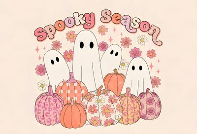 three ghost pumpkins with flowers and the words spooky yose on them Preppy Halloween For Laptop Cute Halloween Art, Pink Background With Ghost Illustration, Ghost Pattern On Pink Background, antique white