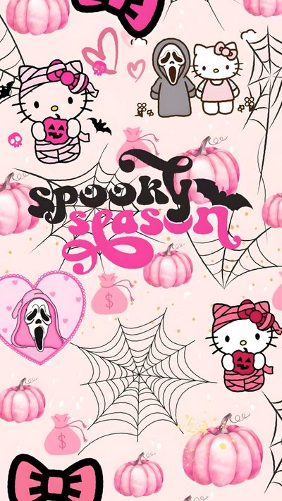 the hello kitty wallpaper is pink and has lots of decorations on it, including spider webs Hello Kitty 4k Halloween Spooky Hello Kitty, Pink Hello Kitty Halloween, Hello Kitty Iphone Halloween, white