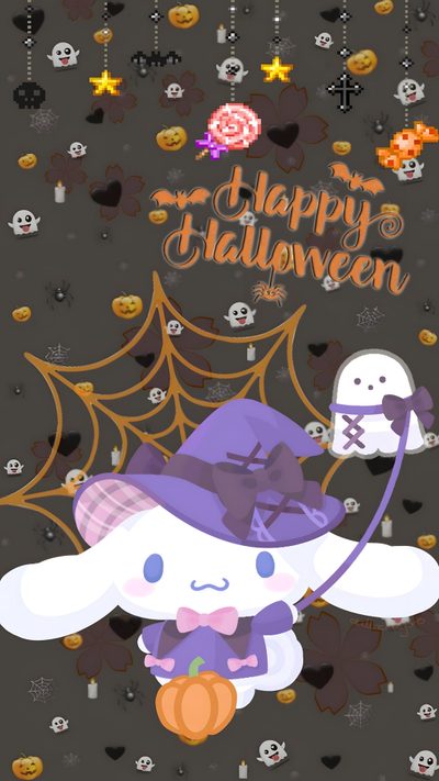 a halloween card with a cartoon character on it Happy Halloween Cinnamoroll Halloween My Melody Halloween, Sanrio Halloween Pictures Cinnamoroll Halloween, Spooky Sanrio Characters, dark slate gray