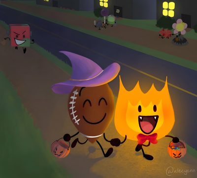 two cartoon characters are walking down the street with pumpkins and jack - o'- lanterns Bfdi Halloween Bfdi Halloween, Bfdi Halloween Pfp, Fireball C2bc Fanart, dark slate gray