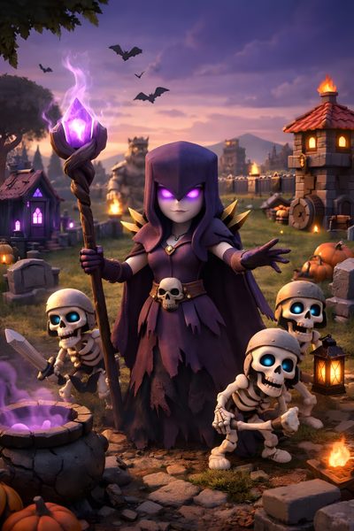 a group of skeleton skeletons standing next to each other in front of a halloween scene Clash Royale Halloween Clash Royale, Clash Of Clans, Witch, dark slate gray