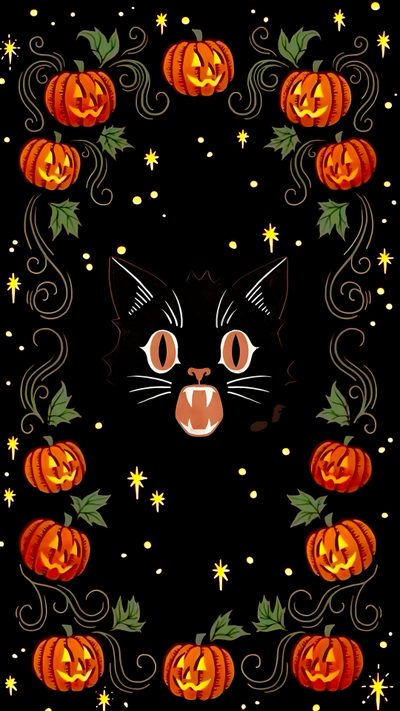 a black cat surrounded by pumpkins on a dark background with stars and swirls Johanna Parker Halloween Iphone, Halloween, black