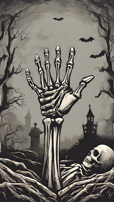 a creepy skeleton hand holding out two hands in front of a spooky graveyard Halloween Skeletons Skeleton Halloween, Halloween Skeleton, Spooky Skeletons, Skeleton Phone, gray