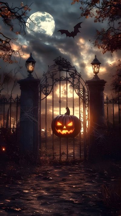a gate that has a pumpkin on it with the moon in the sky behind it Halloween Town Gate Gothic Landscape, Halloween Spooky Stuff, Gothic Halloween Backgrounds, dark slate gray