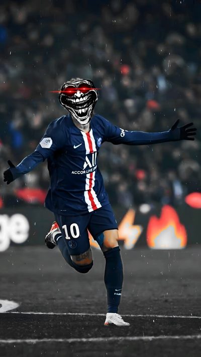 a soccer player is running on the field with his arms out and one foot in the air Football Halloween Psg Neymar, dark slate gray
