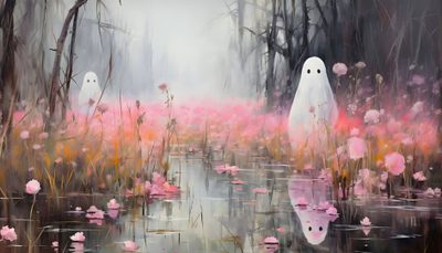 a painting of two white ghost standing in the middle of a swamp filled with pink flowers Pastel Halloween Desktop Spring Desktop, Laptop, Iphone Images, Goth Wall Art, Cover Pics For Facebook, gray