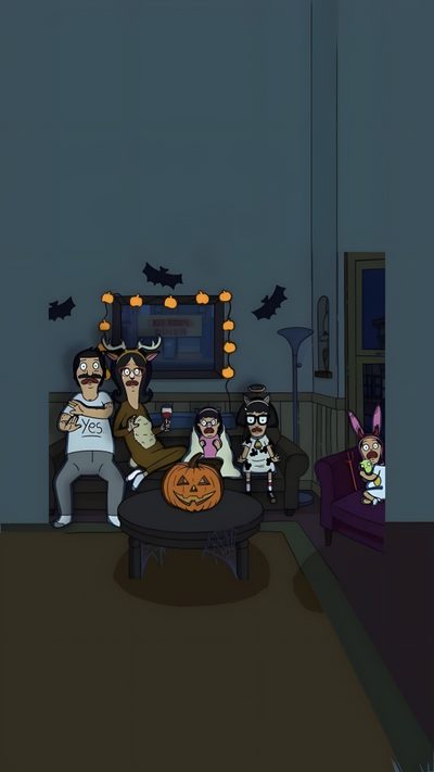 the family is dressed up for halloween in their living room with bats and pumpkins Bobs Burger Halloween Bobs Burgers Halloween, Bob's Burgers, Bobs Burgers Widgets, dark slate gray