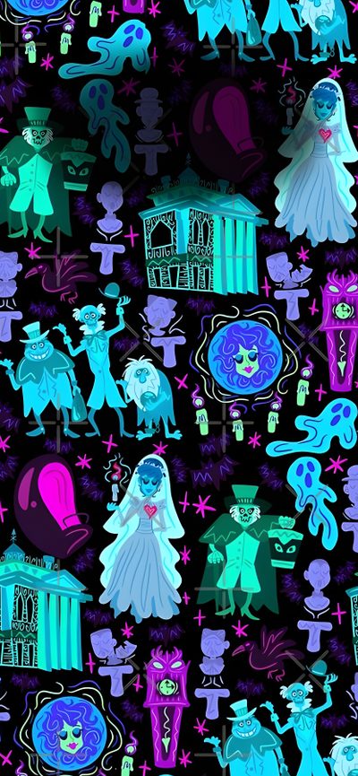 an image of some cartoon characters on a black background with blue and purple colors, Haunted Mansion Halloween Haunted Mansion Watch, The Haunted Mansion, Disney Haunted Mansion Iphone, midnight blue