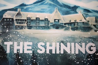 a painting with the words shining in front of a snow covered mountain and houses on it The Shining Laptop Halloween The Shining Book Cover, The Shining Concept Art, The Shining Overlook Hotel Poster, light slate gray
