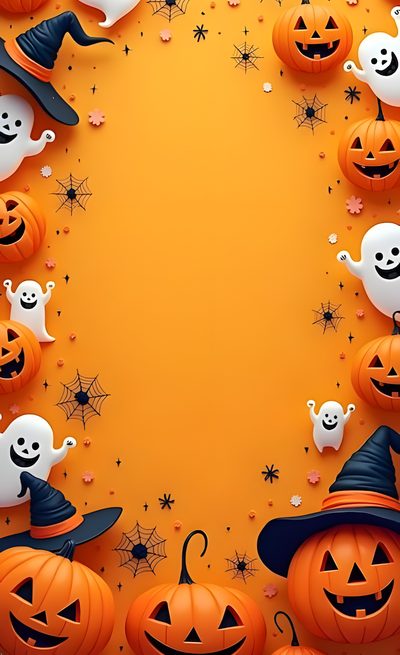 halloween pumpkins and ghost faces are arranged in the shape of a frame on an orange background Halloween Party Backgrounds Halloween Invitaciones, Photo Halloween, Image Halloween, goldenrod