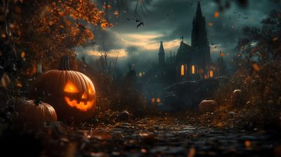 a halloween scene with pumpkins in the foreground and a castle in the background High Resolution High Resolution Halloween Desktop Halloween, Halloween Forest, Halloween Landscape, black