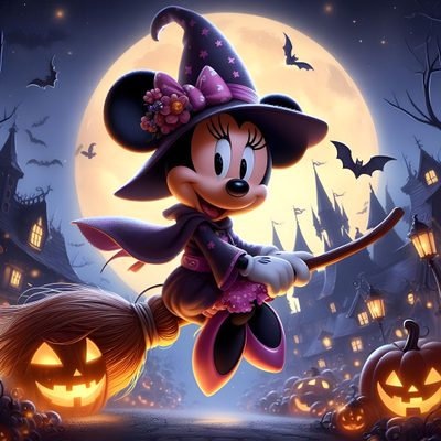 a mickey mouse dressed as a witch flying on a broom in front of a full moon Minnie Halloween Minnie Mouse Halloween, Disney Halloween Pictures, Disney Halloween Images, dim gray