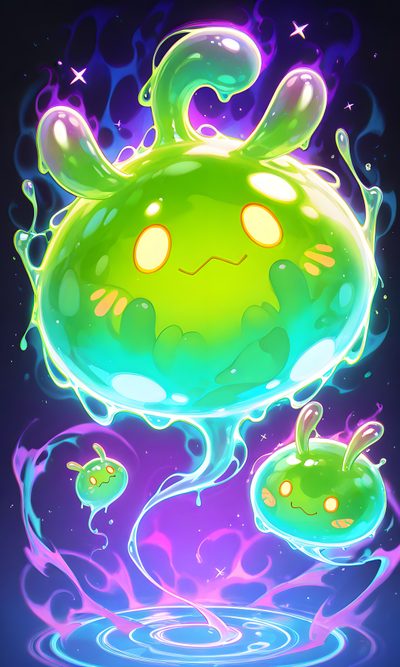 an illustration of a green alien with yellow eyes and glowing hair, floating in the air Halloween Slime Hd Fantasy Slime, Cute Slime Fantasy, Cute Anime Slime Design, slate gray