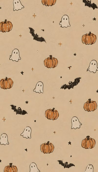 a halloween themed background with pumpkins and ghost faces Soft Halloween Halloween Backgrounds Pumpkin, Iphone Halloween Aesthetic, Fall Aethstetic, tan