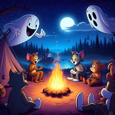 three cats are sitting around a campfire at night with ghost's in the background Tom And Jerry Halloween Tom And Jerry Cool Pics, Tom Jerry Halloween, Tom And Jerry Halloween, dark slate gray