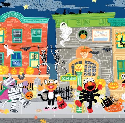 a group of cartoon characters standing in front of a building with halloween decorations on it Sesame Street Halloween Sesame Street Ghost, Sesame Street House Cartoon, Sesame Street Halloween Gif, rosy brown