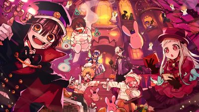 some anime characters are standing together in front of a pink background with many other people Tbhk Halloween Tbhk Pc, Tbhk Pc Hd, Tbhk Desktop, Tbhk Official Art Pc, Tbhk Characters Hanako, brown